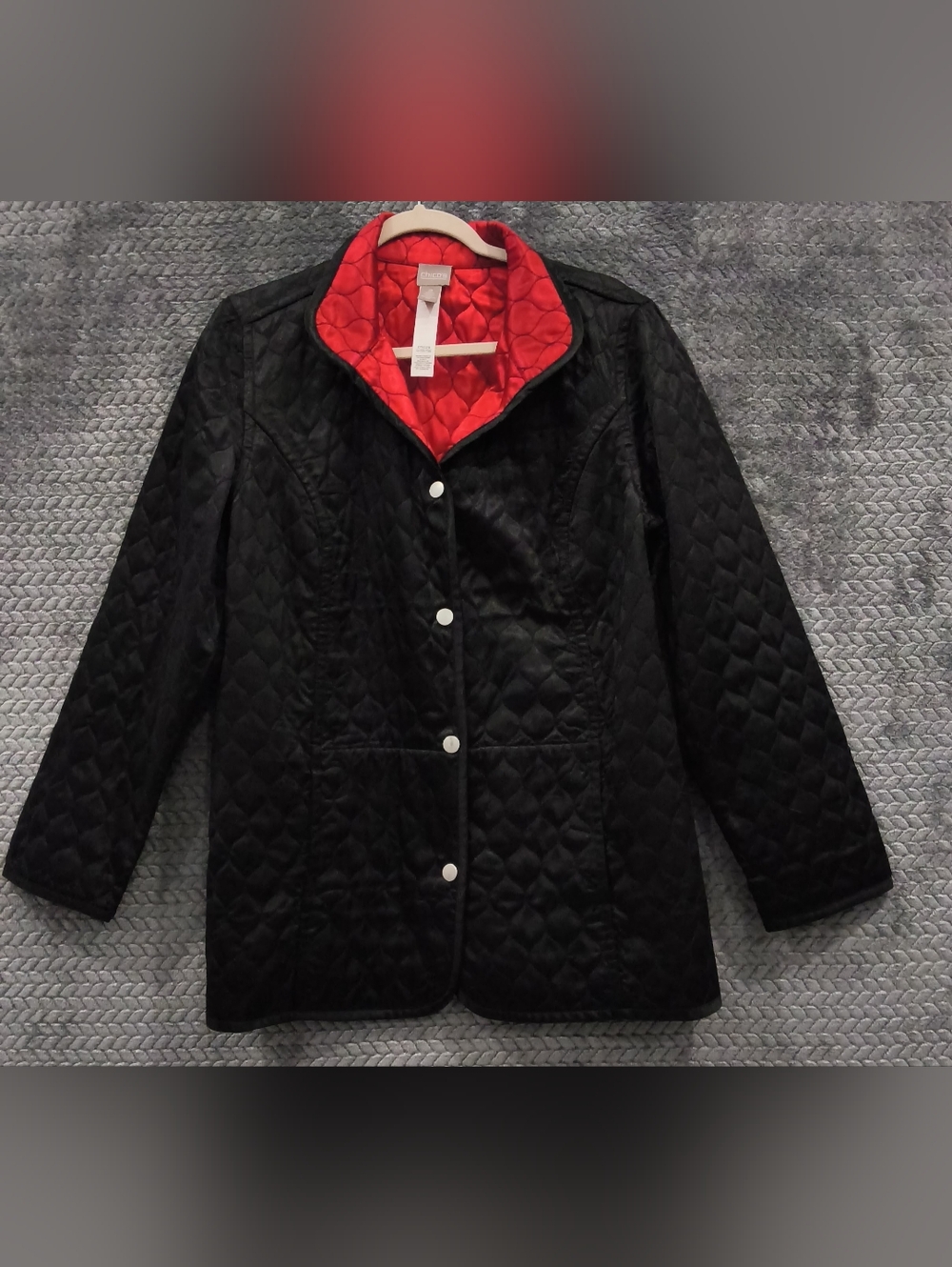 Chicos Quilted Black Jacket with Red Lining - Women's Coat